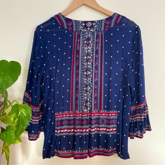 Lucky Brand Navy & Red Bell Sleeve Boho Peasant Blouse Size L - Picture 8 of 11
